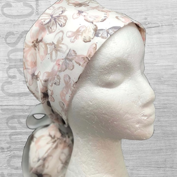 Nursing Scrub Cap with Ribbon Ponytail - Soft Butterflies - Picture 2 of 4